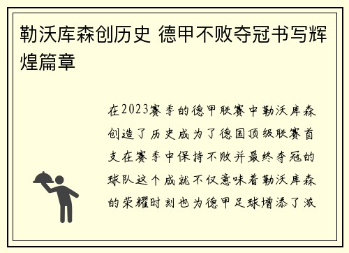 勒沃库森创历史 德甲不败夺冠书写辉煌篇章