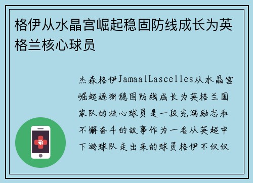 格伊从水晶宫崛起稳固防线成长为英格兰核心球员