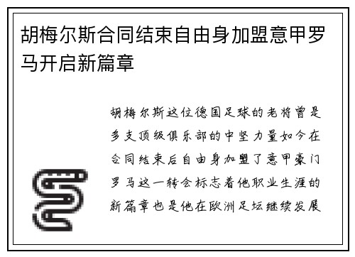 胡梅尔斯合同结束自由身加盟意甲罗马开启新篇章