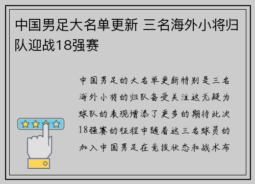 中国男足大名单更新 三名海外小将归队迎战18强赛