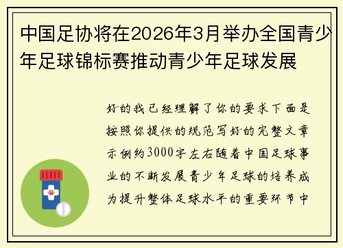 中国足协将在2026年3月举办全国青少年足球锦标赛推动青少年足球发展